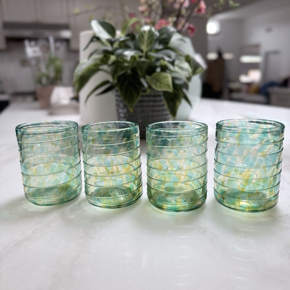 Set (4) VTG Signed David Lindsay 2002 Art Glass Tumblers Seafoam & Gold Torcello - Picture 12 of 12